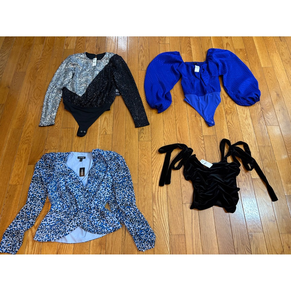 Express Womens Top Bundle 4pc NWT Sequin Bodysuit Velvet Camisole Blue‎ XS